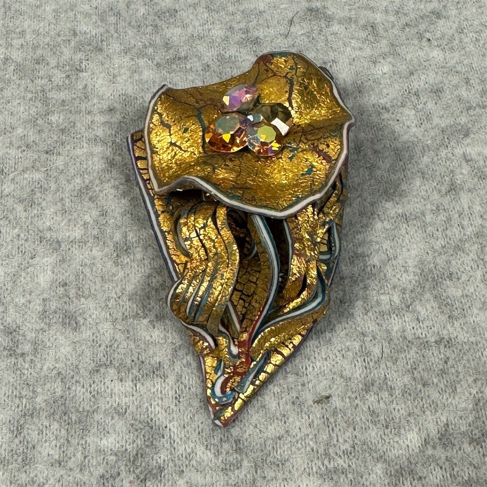 Vintage Abstract Flower Brooch Pin Gold Crackle